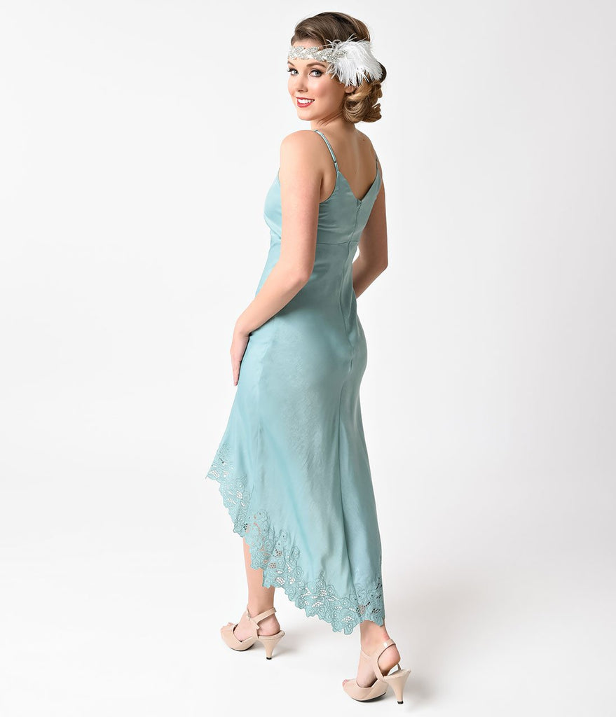 1930s Style Aqua Mint Satin High Low Slip Dress