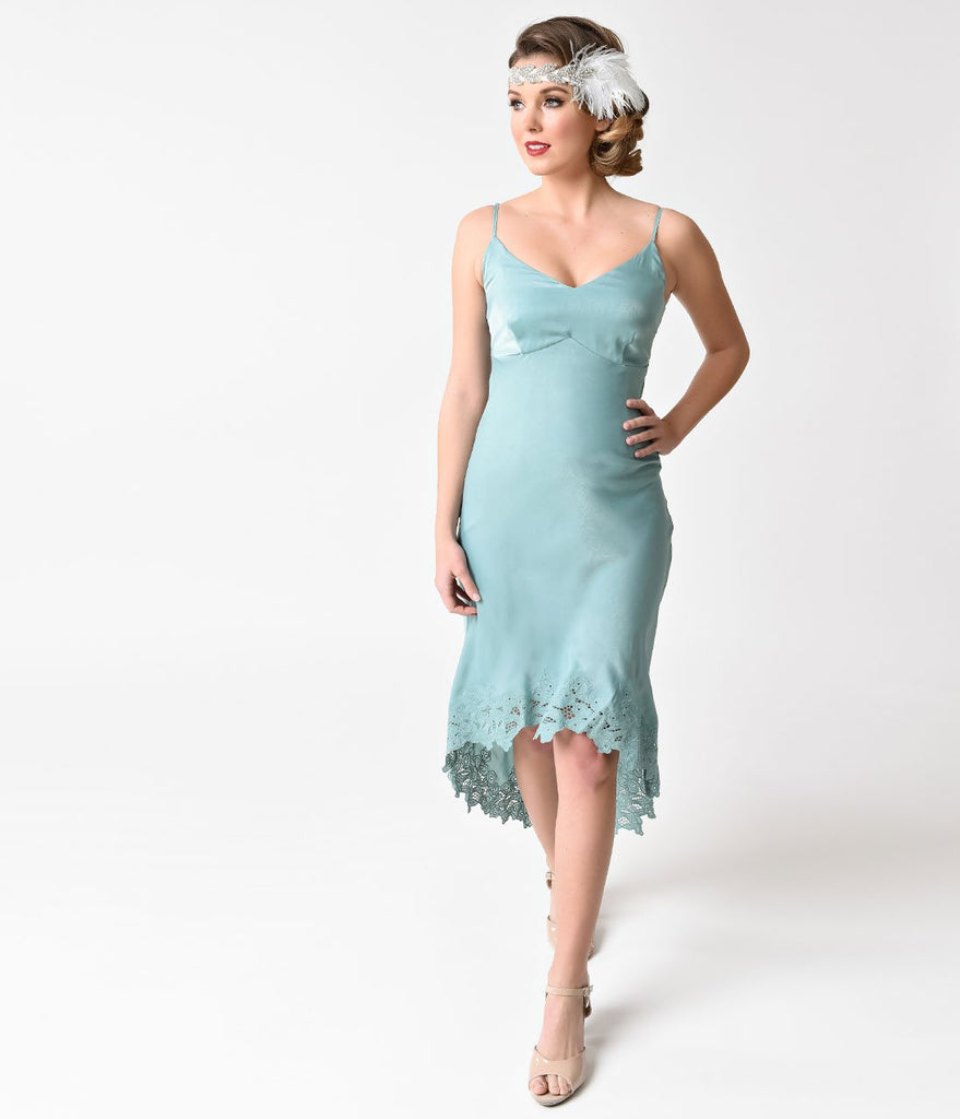 1930s Style Aqua Mint Satin High Low Slip Dress