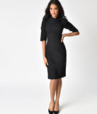 1940s Style Black Cotton Stretch Half Sleeve Wiggle Dress