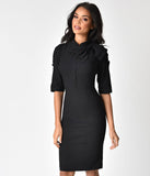 1940s Style Black Cotton Stretch Half Sleeve Wiggle Dress