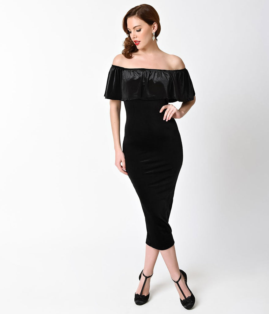 1940s Style Black Velvet Off Shoulder Draped Wiggle Dress