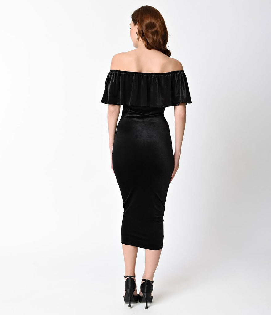 1940s Style Black Velvet Off Shoulder Draped Wiggle Dress