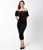 1940s Style Black Velvet Off Shoulder Draped Wiggle Dress