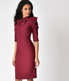 1940s Style Burgundy Cotton Stretch Half Sleeve Wiggle Dress