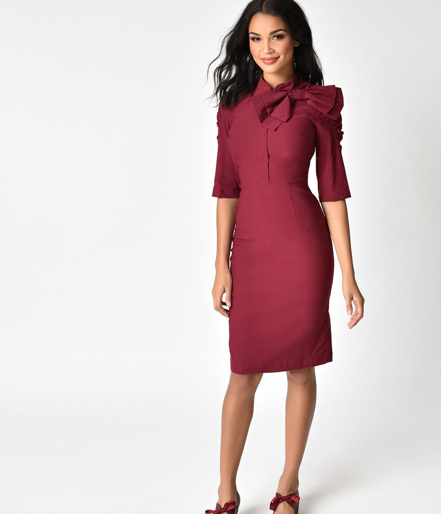 1940s Style Burgundy Cotton Stretch Half Sleeve Wiggle Dress