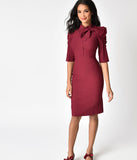 1940s Style Burgundy Cotton Stretch Half Sleeve Wiggle Dress