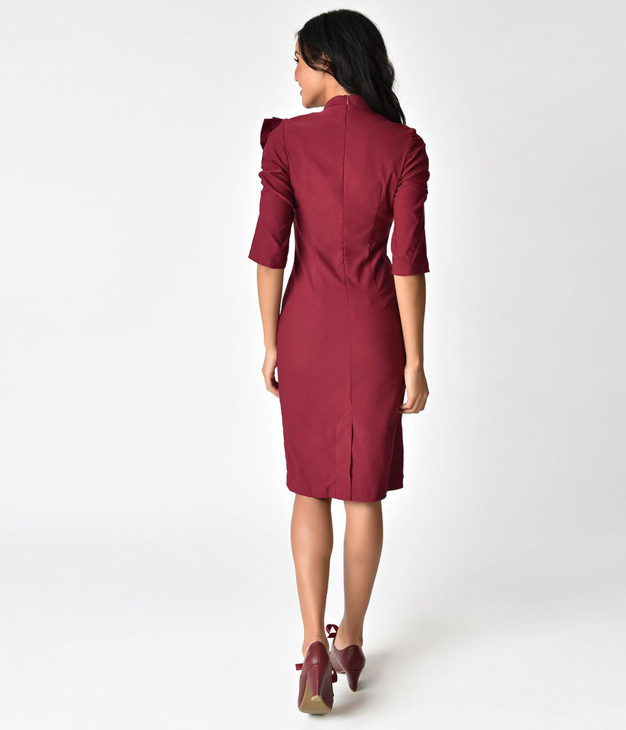 1940s Style Burgundy Cotton Stretch Half Sleeve Wiggle Dress
