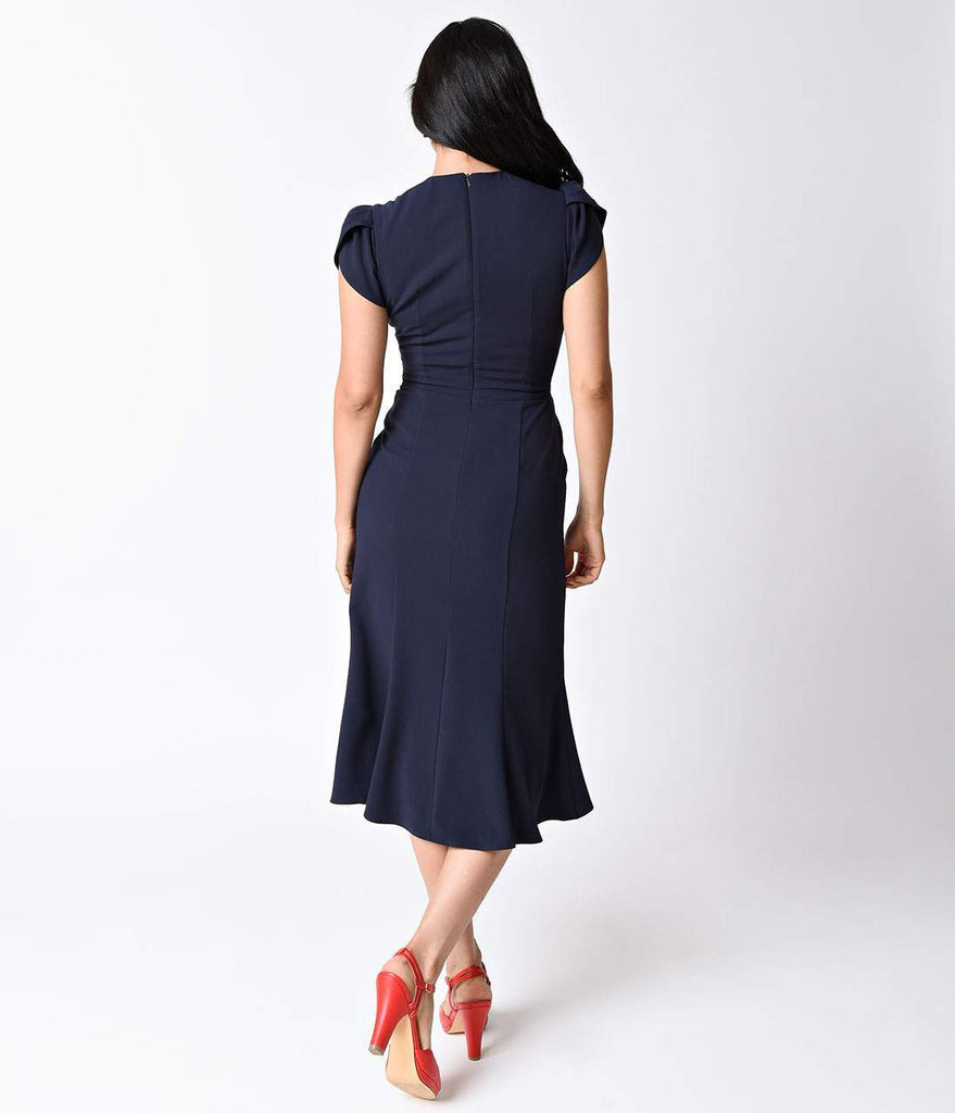 1940s Style Navy Blue Cap Sleeve So Foxy Wiggle Dress