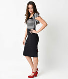 1950s Black & White Cap Sleeve Sweetheart Striped Wiggle Dress