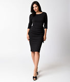 1950s Style Black Crepe Three-Quarter Sleeve Marnie Wiggle Dress