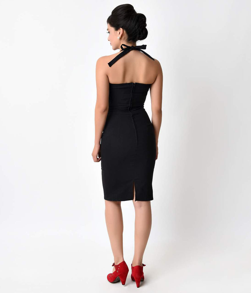 1950s Style Black & Red Sweetheart Halter Pin Up Wiggle Dress