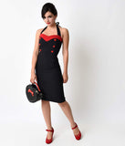 1950s Style Black & Red Sweetheart Halter Pin Up Wiggle Dress