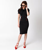 1950s Style Black Stretch Short Puff Sleeve Collar Tie Wiggle Dress