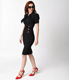 1950s Style Black Stretch Short Puff Sleeve Collar Tie Wiggle Dress