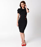 1950s Style Black Stretch Short Puff Sleeve Collar Tie Wiggle Dress