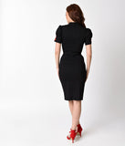 1950s Style Black Stretch Short Puff Sleeve Collar Tie Wiggle Dress