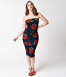 1950s Style Navy Blue & Red Rose Strapless Knit Wiggle Dress