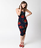 1950s Style Navy Blue & Red Rose Strapless Knit Wiggle Dress