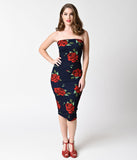 1950s Style Navy Blue & Red Rose Strapless Knit Wiggle Dress