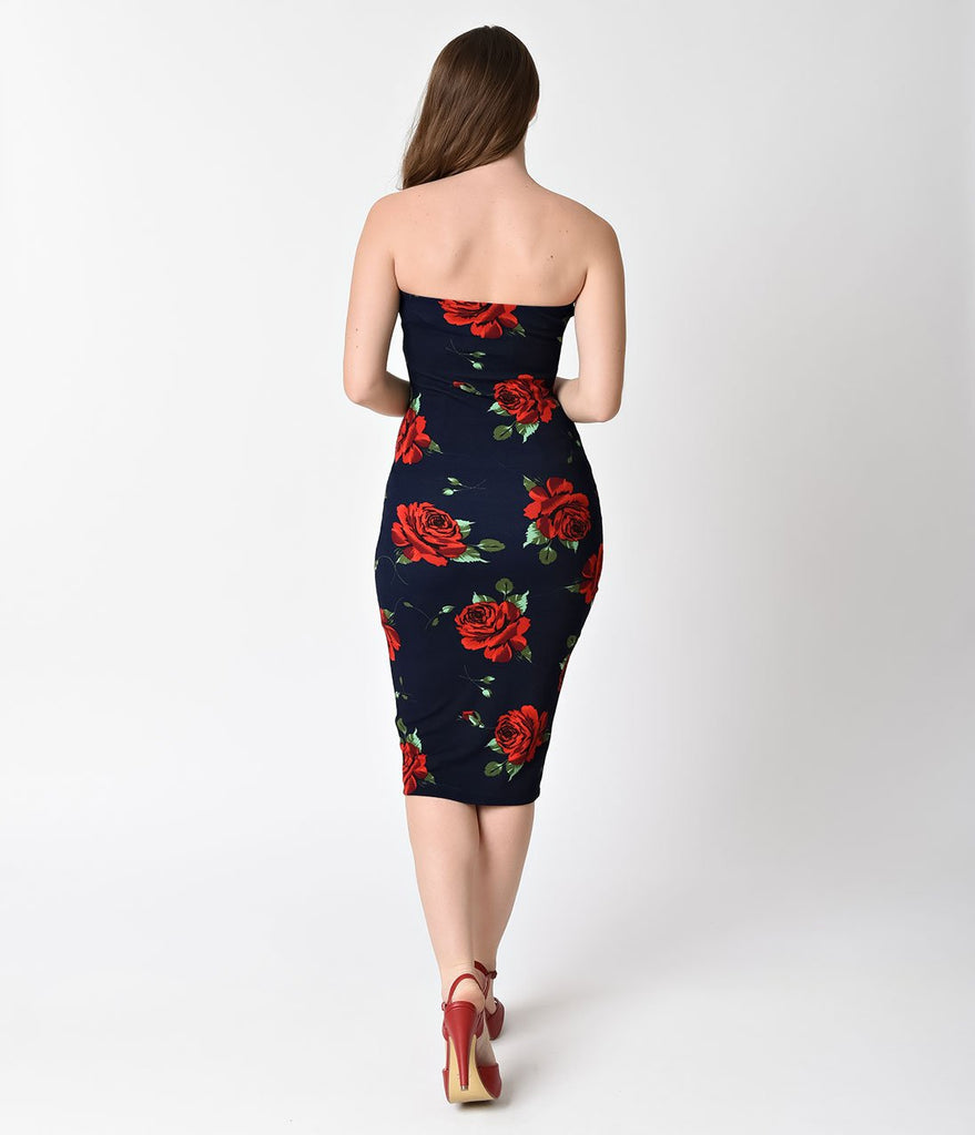 1950s Style Navy Blue & Red Rose Strapless Knit Wiggle Dress