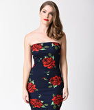 1950s Style Navy Blue & Red Rose Strapless Knit Wiggle Dress