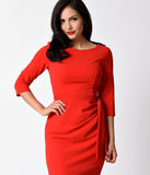 1950s Style Red Crepe Three-Quarter Sleeve Marnie Wiggle Dress