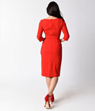 1950s Style Red Crepe Three-Quarter Sleeve Marnie Wiggle Dress