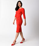 1950s Style Red Crepe Three-Quarter Sleeve Marnie Wiggle Dress