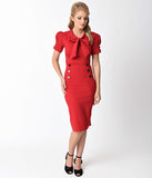 1950s Style Red Stretch Short Puff Sleeve Collar Tie Wiggle Dress