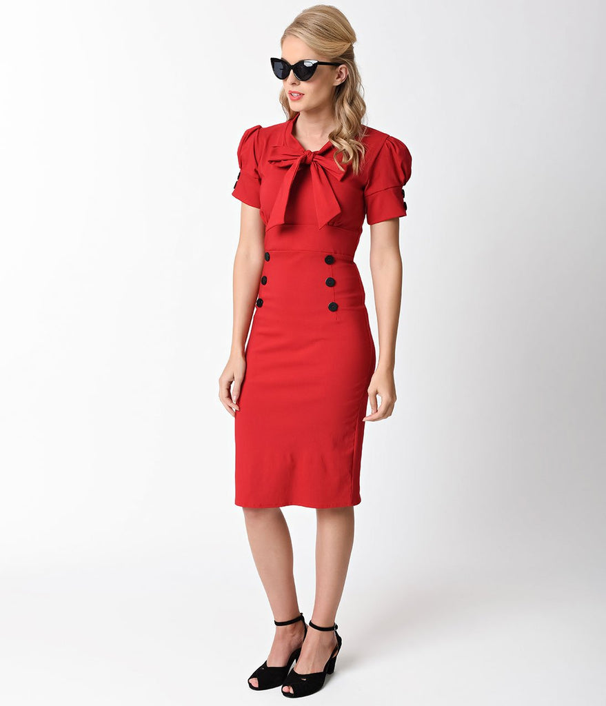 1950s Style Red Stretch Short Puff Sleeve Collar Tie Wiggle Dress