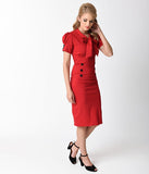 1950s Style Red Stretch Short Puff Sleeve Collar Tie Wiggle Dress