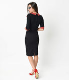 1950s Tailored Black Half Sleeve Dotted Stretch Wiggle Dress