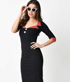 1950s Tailored Black Half Sleeve Dotted Stretch Wiggle Dress