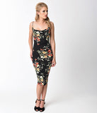 1960s Style Black & Multi Floral Spaghetti Strap Wiggle Dress