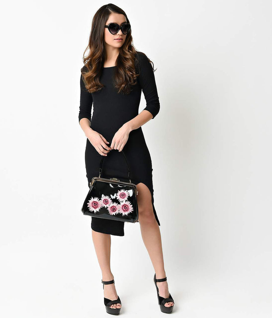 1960s Style Black Quarter Sleeve Knit Wiggle Dress