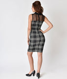 1960s Style Black & White Plaid Keyhole Knit Sheath Dress