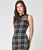 1960s Style Black & White Plaid Keyhole Knit Sheath Dress