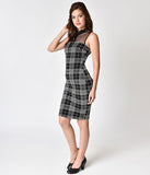 1960s Style Black & White Plaid Keyhole Knit Sheath Dress