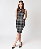 1960s Style Black & White Plaid Keyhole Knit Sheath Dress