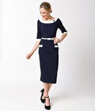 1960s Style Navy Blue & Ivory Stretch Sleeved Joelle Wiggle Dress