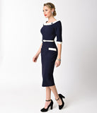 1960s Style Navy Blue & Ivory Stretch Sleeved Joelle Wiggle Dress