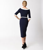 1960s Style Navy Blue & Ivory Stretch Sleeved Joelle Wiggle Dress