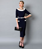 1960s Style Navy Blue & Ivory Stretch Sleeved Joelle Wiggle Dress