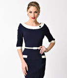 1960s Style Navy Blue & Ivory Stretch Sleeved Joelle Wiggle Dress