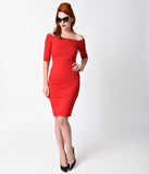 1960s Style Red Sleeved Bardot Stretch Wiggle Dress