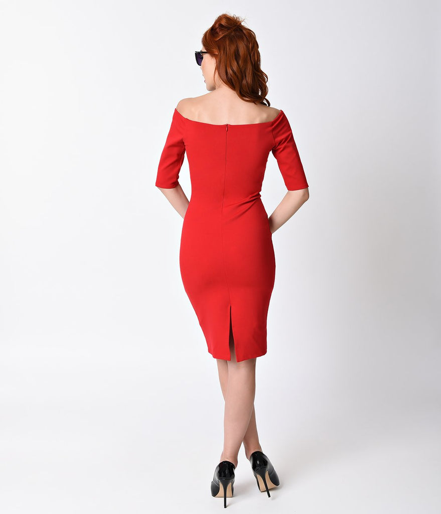 1960s Style Red Sleeved Bardot Stretch Wiggle Dress