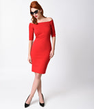 1960s Style Red Sleeved Bardot Stretch Wiggle Dress