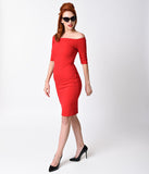 1960s Style Red Sleeved Bardot Stretch Wiggle Dress