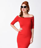 1960s Style Red Sleeved Bardot Stretch Wiggle Dress