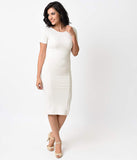 1960s Style Ivory Short Sleeve Stretch Mod Wiggle Dress